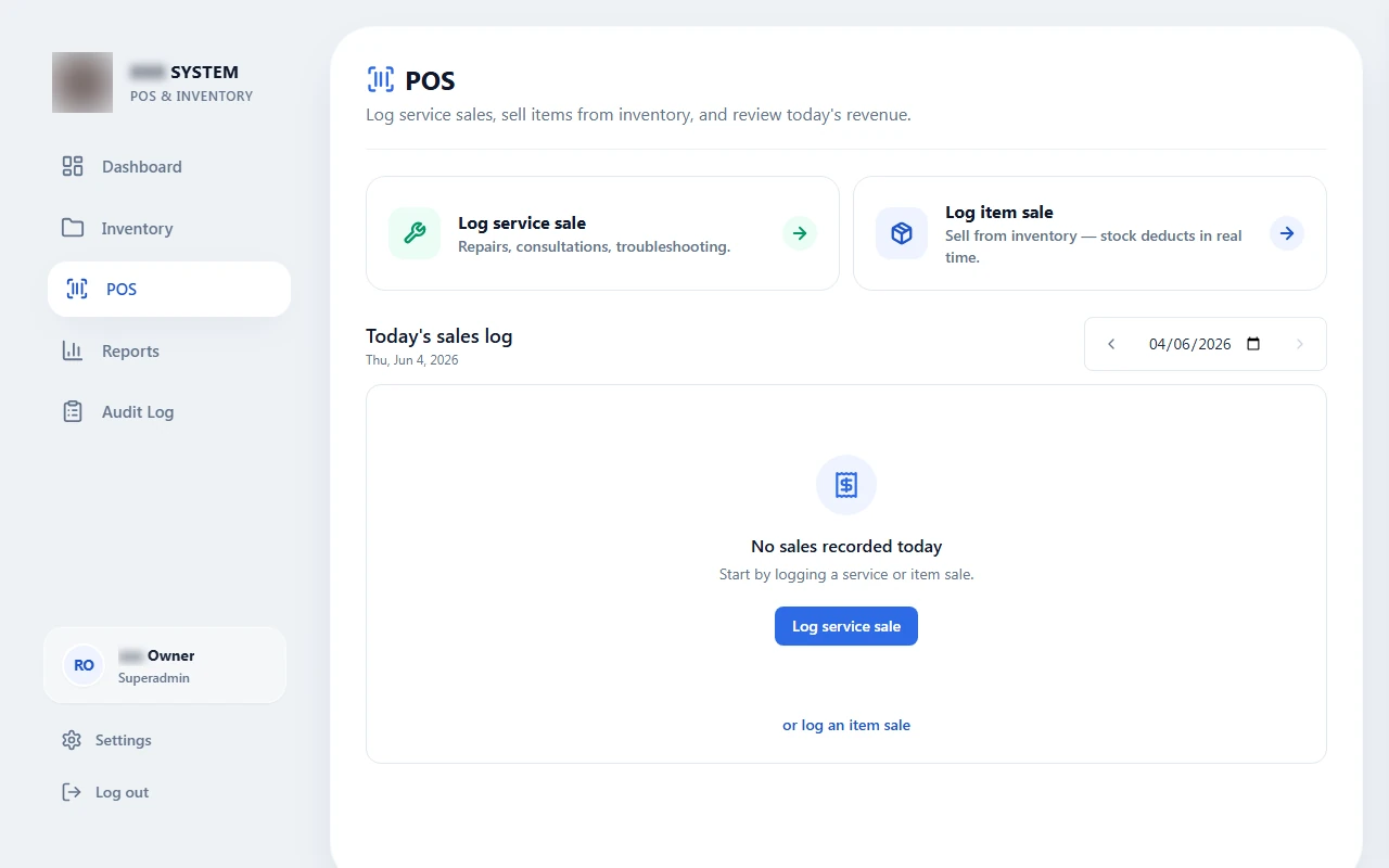 Retail POS & Service-Log Platform interface preview