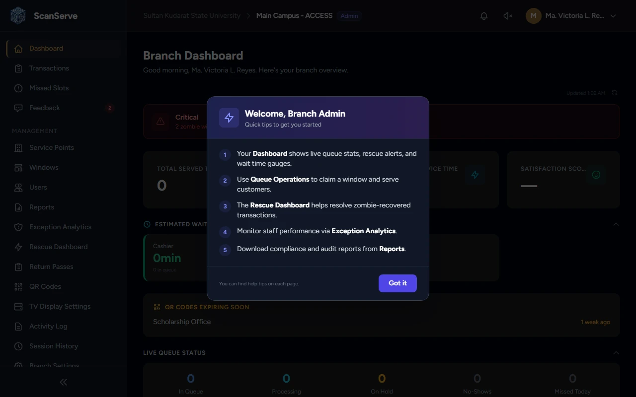 ScanServe staff dashboard, a queue management system built by Syndrix.