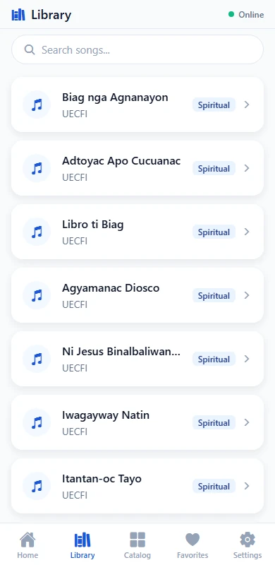 UECFI Hymnal song library on a phone — Mobile Application